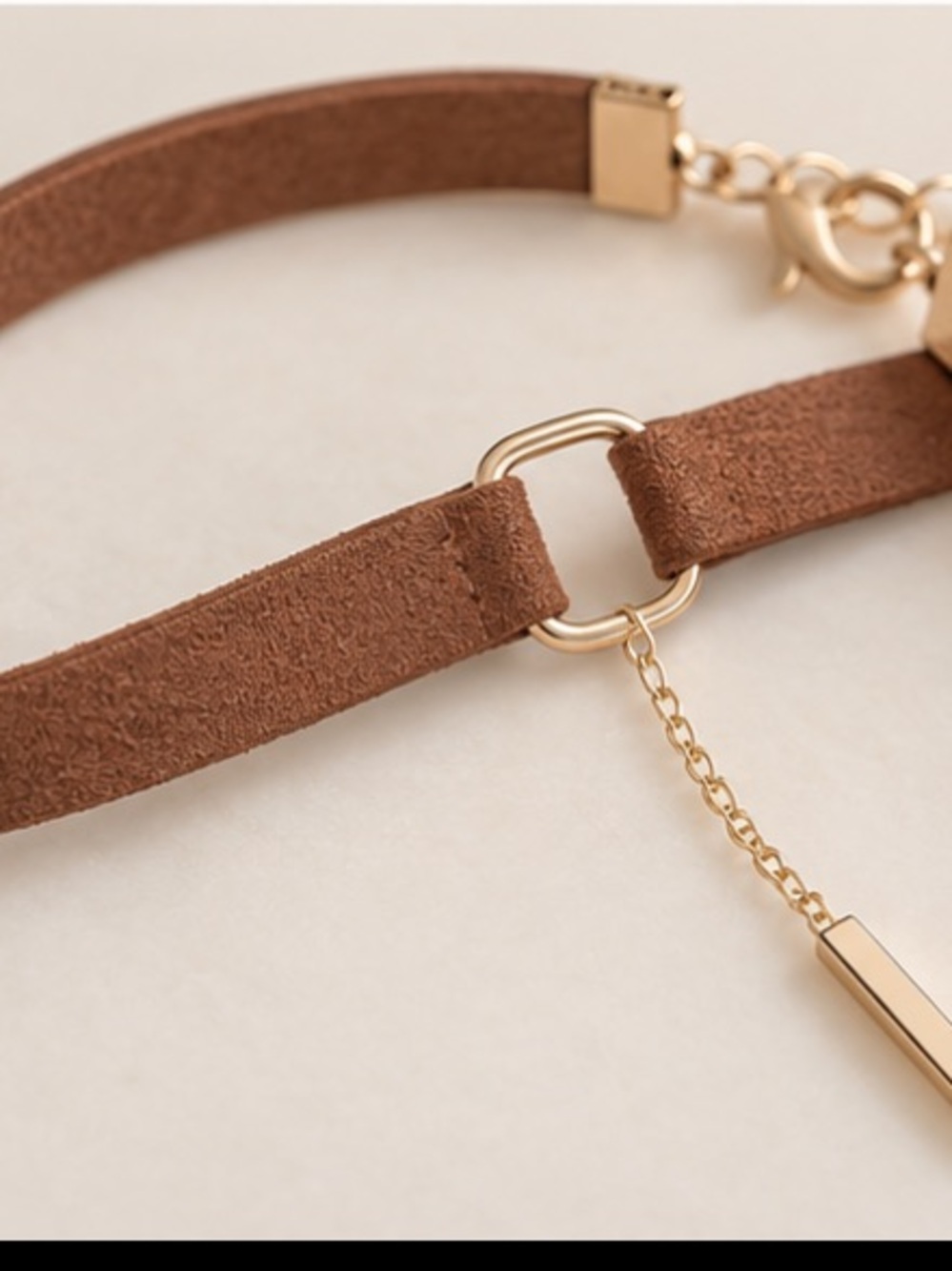 Brown Faux Leather Choker Necklace Bar Pendant - Picture 3 of 9